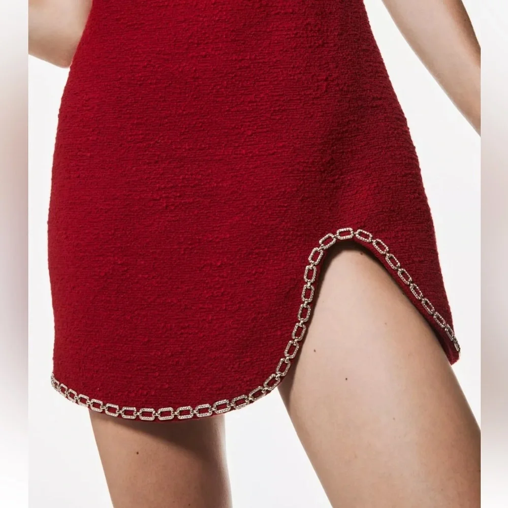 Zara Textured Tweed Boucle Asymmetric Chain Trim Mini Dress Red Gold Chain Sz L - Picture 15 of 17